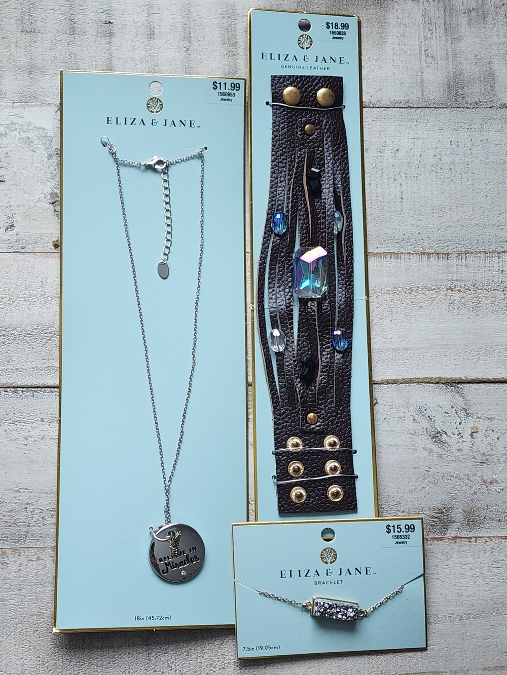 Eliza & Jane Silver Necklace, Brown Leather Crystal Cuff & Silver Bracelet Set